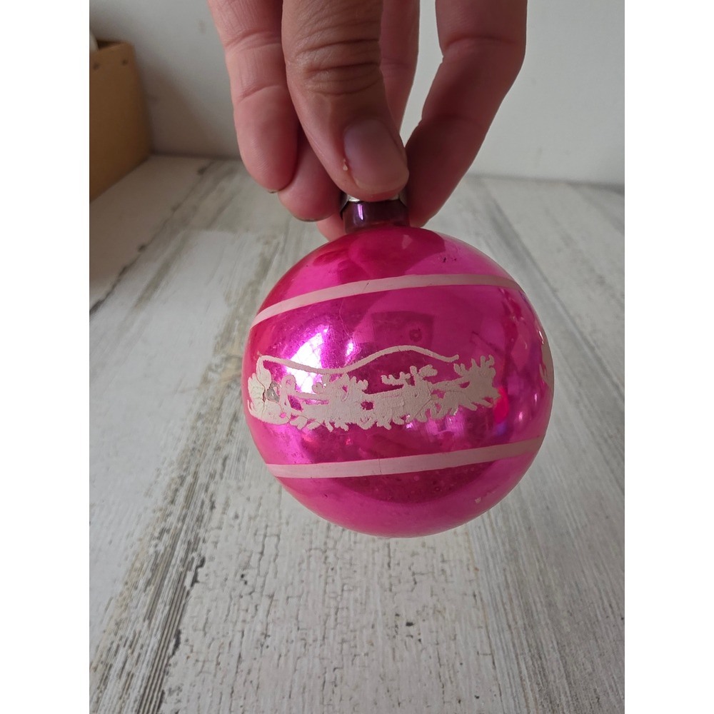 Vintage heim? Made in US of A pink ornament stencil Santa sleigh reindeer